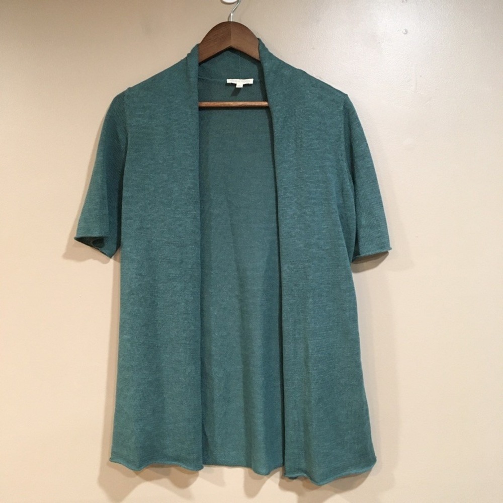 Eileen Fisher 100% Linen Short Sleeve Open Front Cardigan Women XS Green Coastal